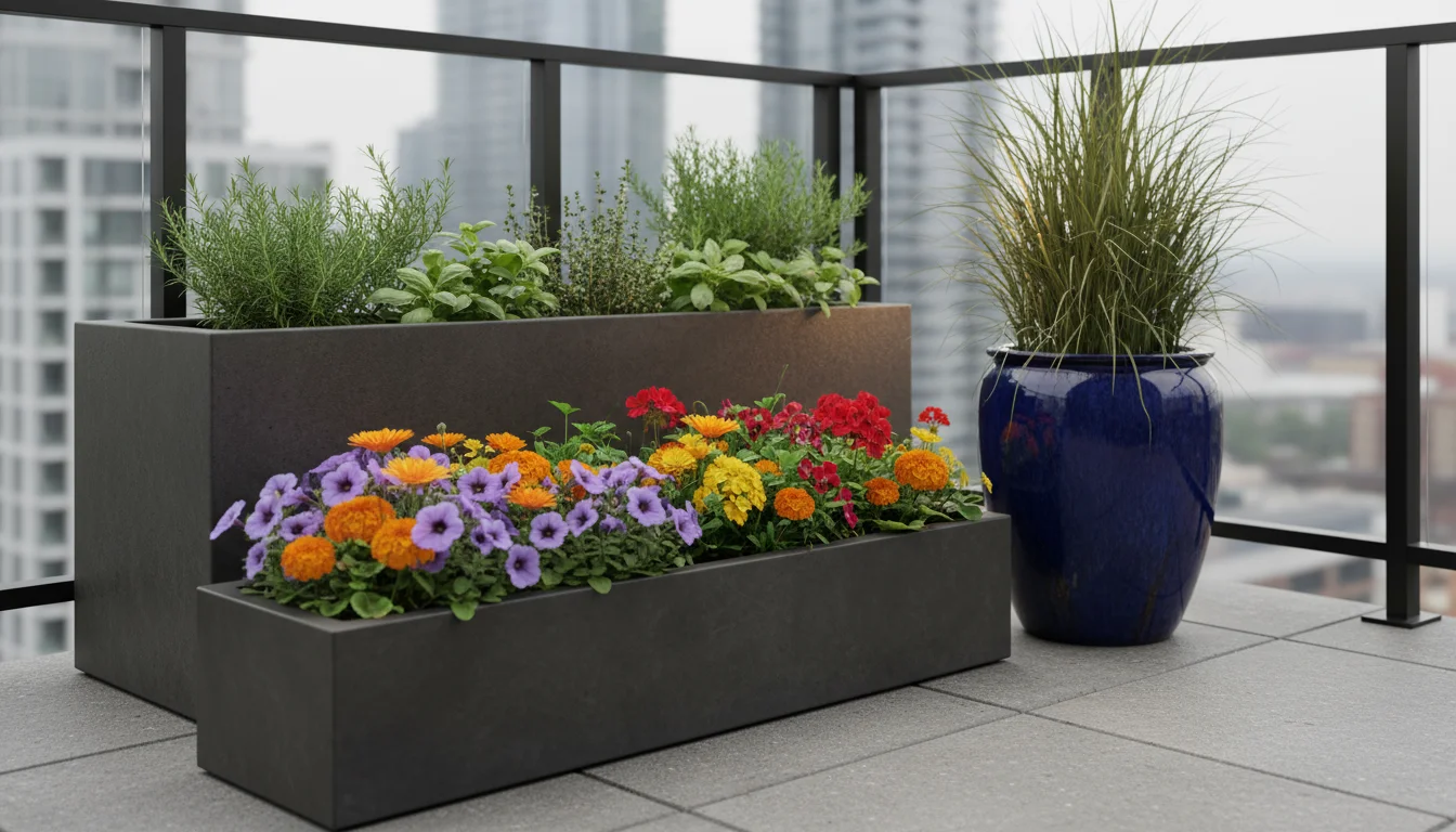 A trio of heavy, stable planters—concrete, glazed ceramic, and self-watering—arranged on an urban balcony.