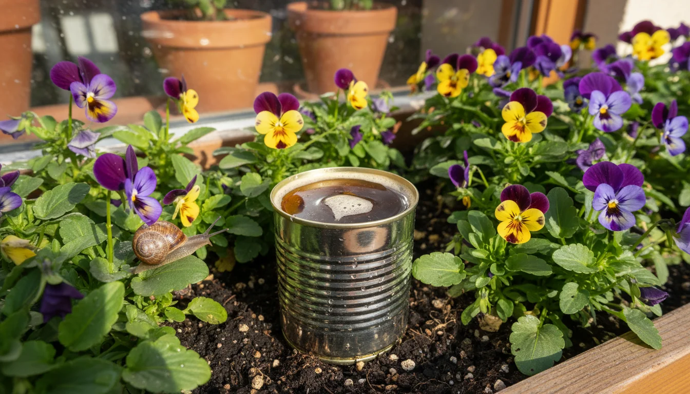 A tuna can filled with beer, partially buried in a window box, surrounded by purple and yellow pansies. A small snail is on a nearby leaf.