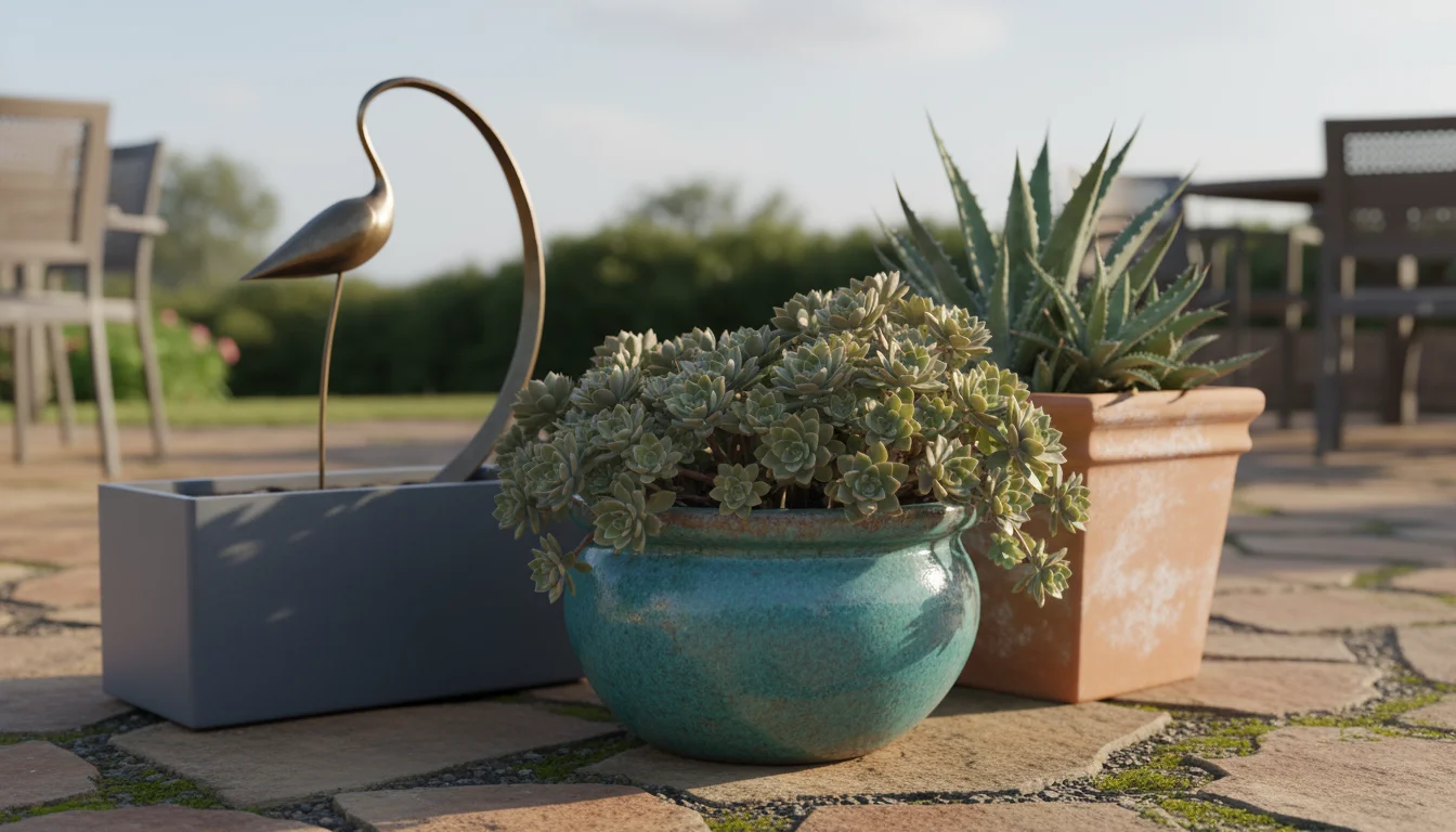 A close-up of a turquoise glazed pot with sedum, a grey composite planter with ornamental grass, and a terracotta pot with succulents on a patio.