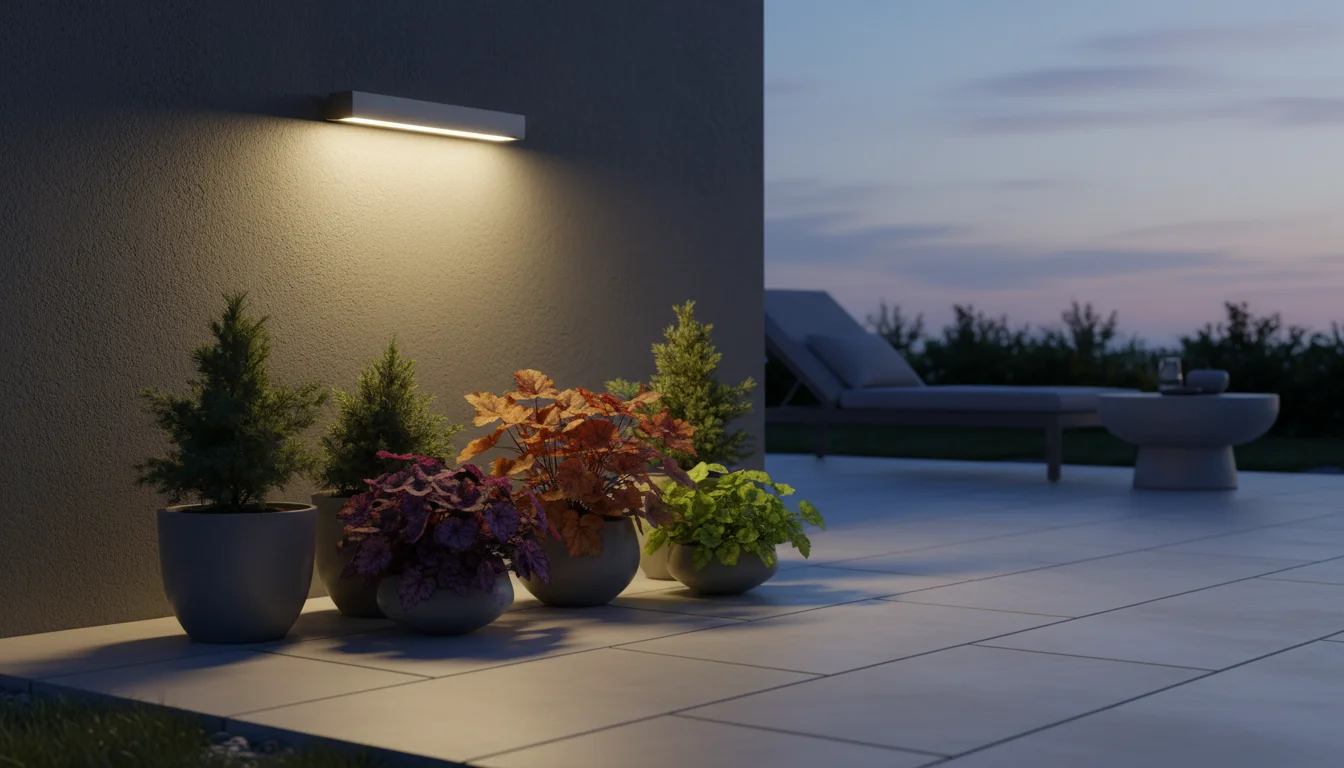 Twilight patio with a downward-facing LED sconce softly illuminating potted plants on pavers, ensuring safety and no glare.