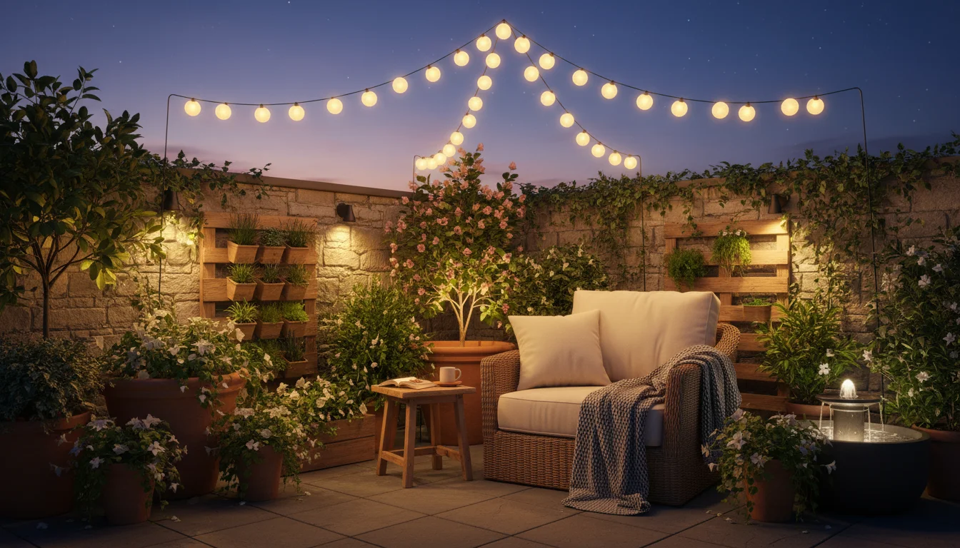 Twilight view of a small patio corner with various container plants, illuminated by warm string lights and solar spotlights for ambiance.