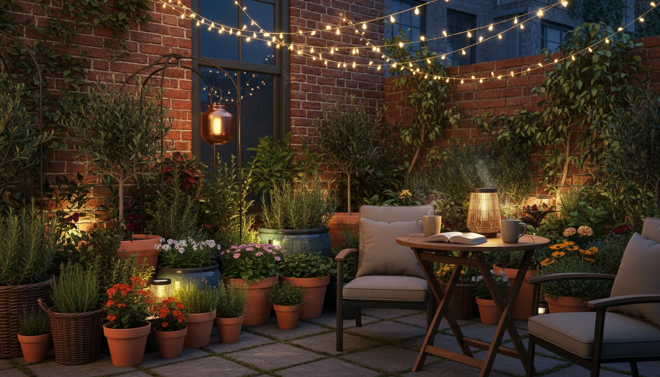 Twilight scene on a small urban patio corner. Solar path lights, solar string lights on a vertical herb garden, and an LED lantern illuminate diverse