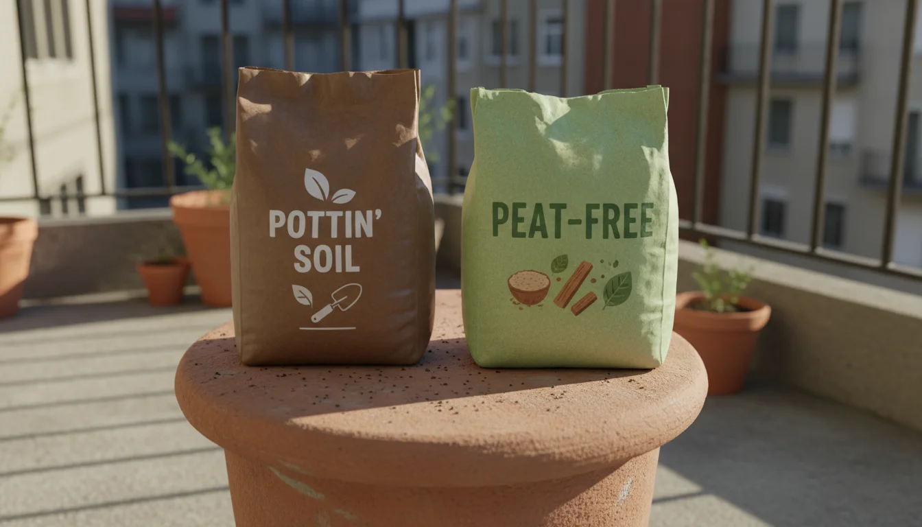 Two bags of potting mix, one generic and one labeled 'PEAT-FREE,' sit on a terracotta stool with a trowel and empty pot on a balcony.