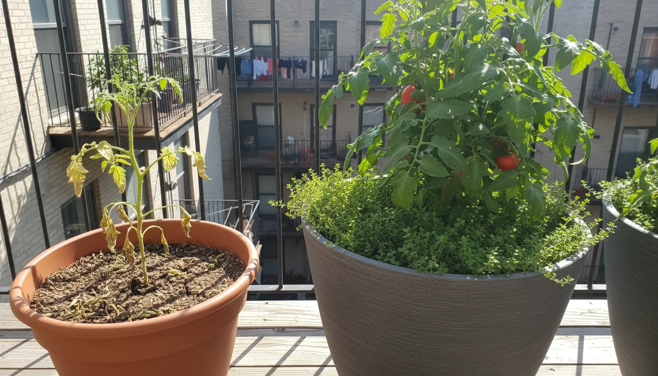 Two balcony pots: a small, overcrowded pot with stunted tomato and living mulch, contrasted with a large pot thriving with healthy plants.
