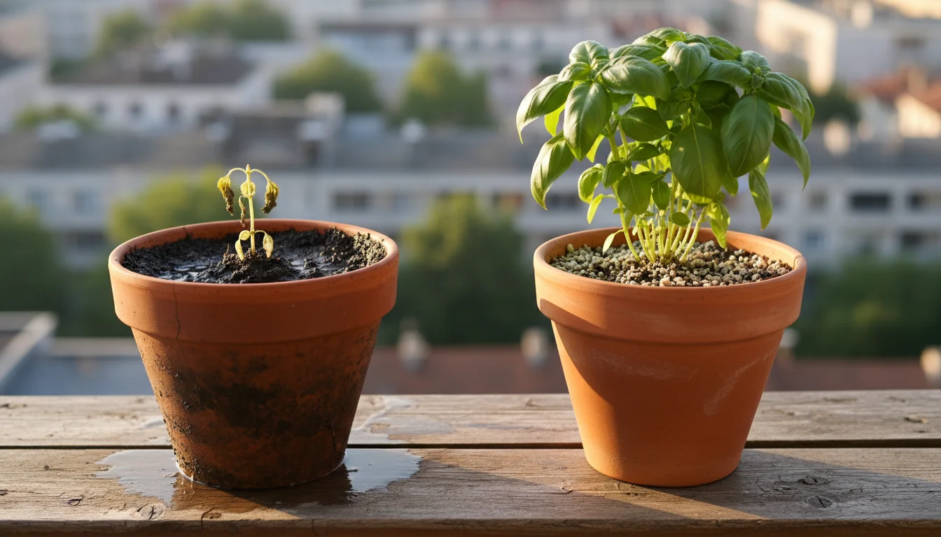 Two basil plants on an urban balcony, one struggling in dense soil, the other thriving in airy potting mix.