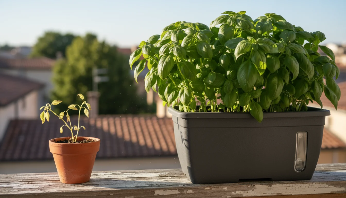 Two basil plants on an urban balcony railing: a stunted plant in a small terracotta pot beside a thriving, lush plant in a larger grey self-watering p