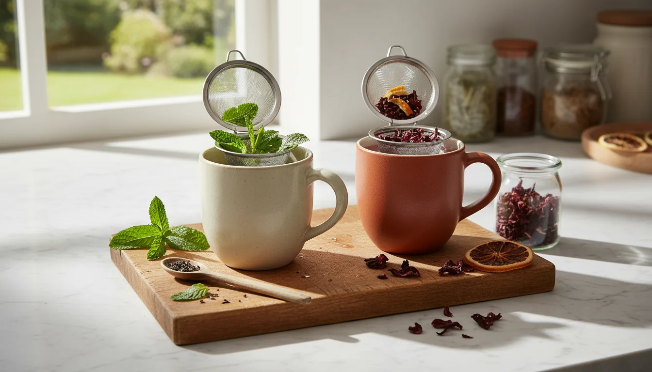 Two ceramic mugs on a wooden board. One holds fresh green herbs in an infuser; the other holds dried herbs in an infuser, with spoons and a jar of dri