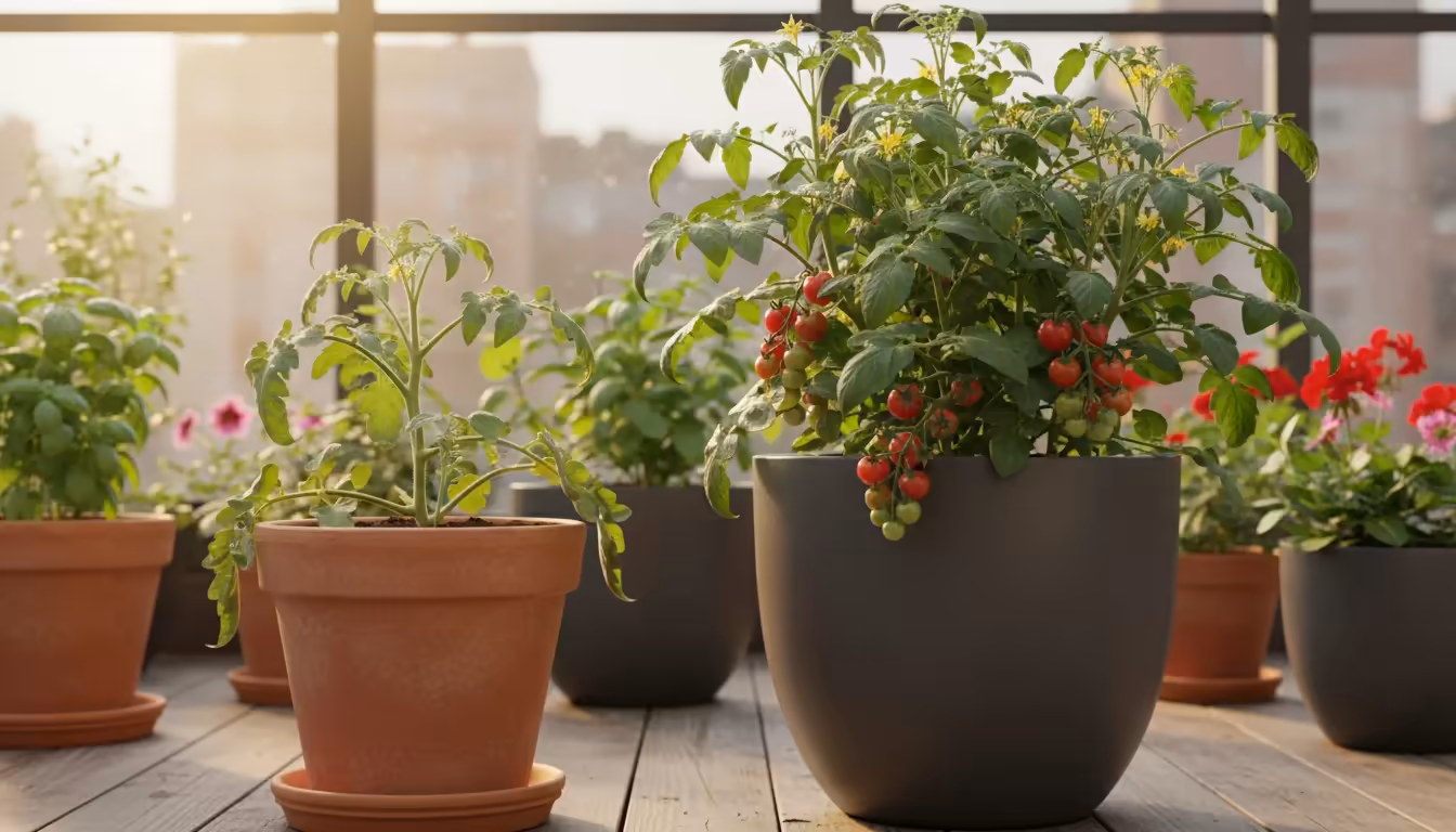 Two cherry tomato plants on a sunny patio, one struggling in a small terracotta pot, the other thriving in a large ceramic pot.