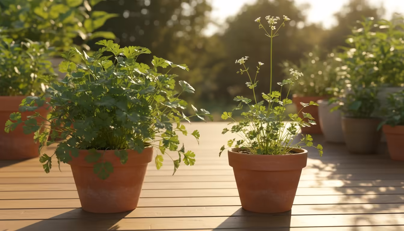 Two cilantro plants in terracotta pots on a sunny patio; one is lush and green for harvesting, the other shows a prominent flower stalk and smaller, s