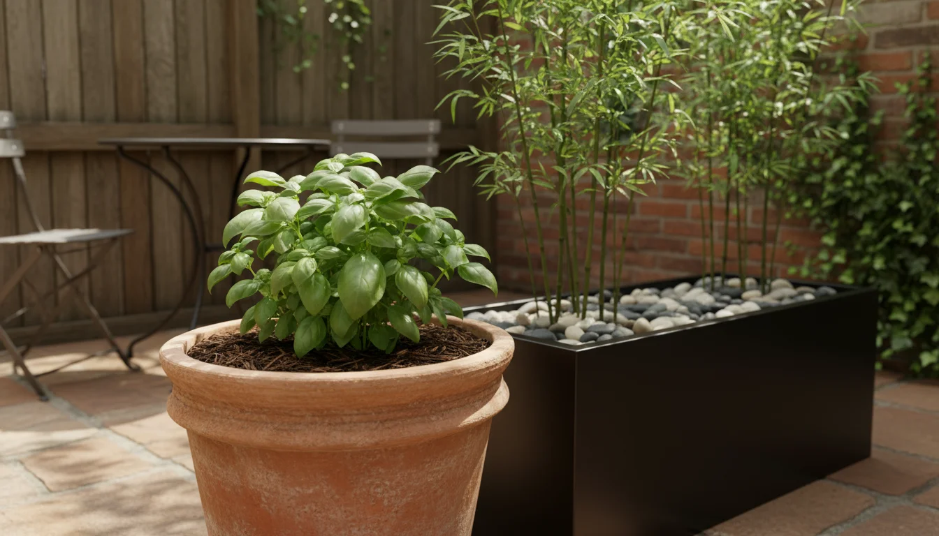 Two contrasting container gardens on an urban patio: a terracotta pot with shredded bark around basil, and a black planter with river pebbles around a