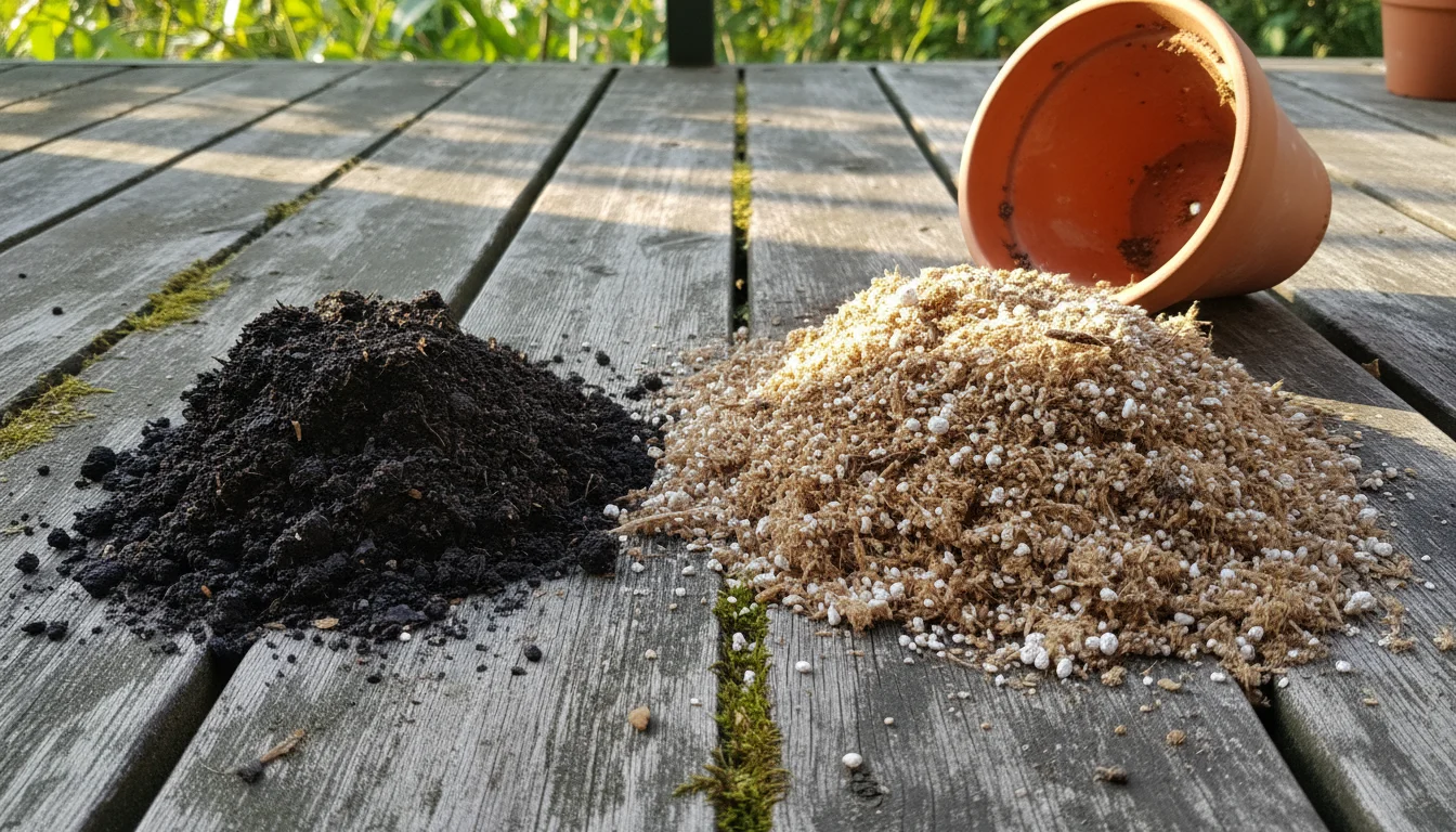 Two contrasting piles of soil on a wooden balcony: dense garden soil and airy potting mix next to an overturned pot.