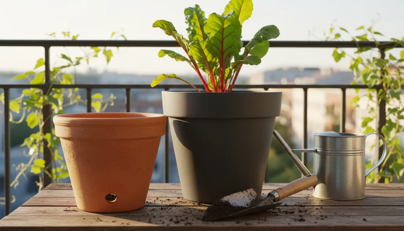 Two contrasting pots, terracotta and dark grey plastic, suitable for container gardening, on a balcony surface. One has a young Swiss chard plant.