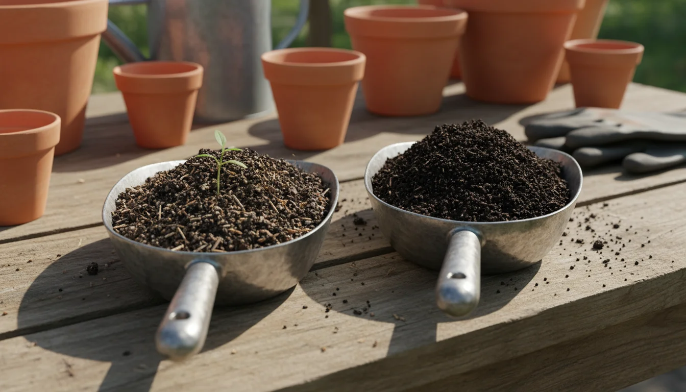 Two contrasting scoops of soil on a wooden potting bench: one with rough garden soil and a small sprout, the other with fine, dark compost. A potted P