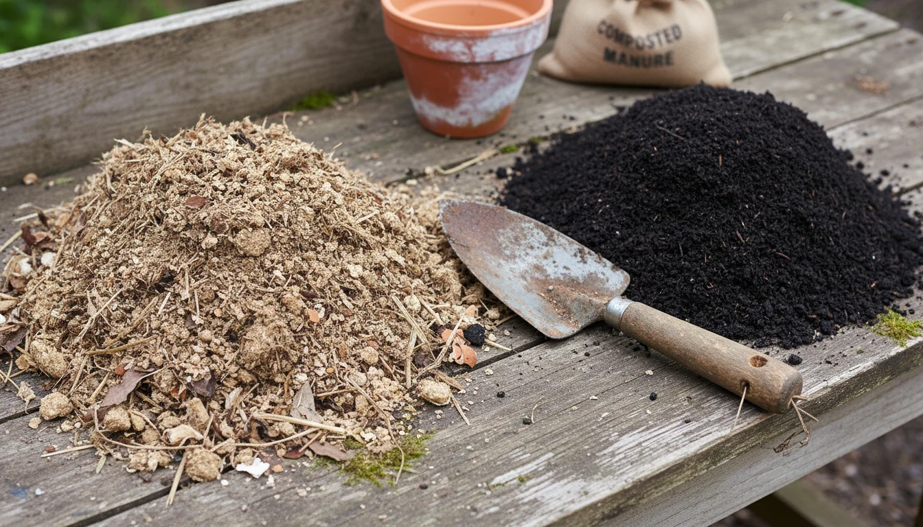 Two distinct piles of compost on a potting bench: one lumpy and unfinished, the other dark, fine, and crumbly.