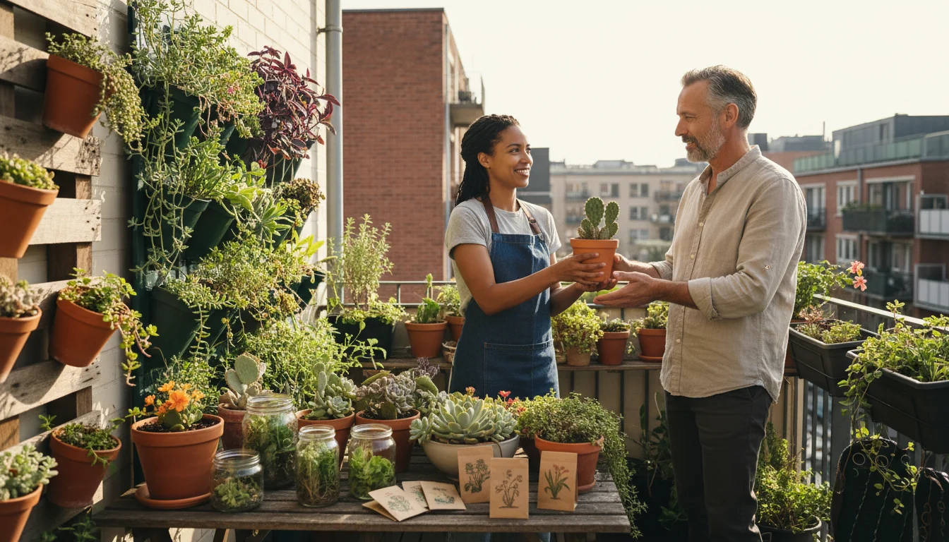 Two diverse gardeners exchange a potted succulent on a bright urban patio amidst container plants, embodying a plant swap.