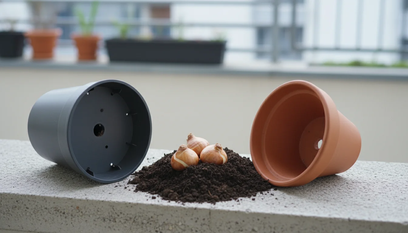 Two empty garden pots, one plastic and one terracotta, sit on a concrete balcony ledge, angled to show drainage holes. Potting soil and bulbs are near