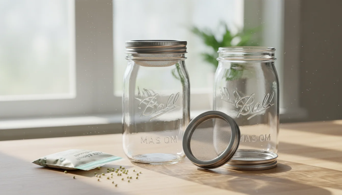 Two empty wide-mouth quart-sized mason jars on a clean counter, one with a mesh sprouting lid, next to a bag of seeds.