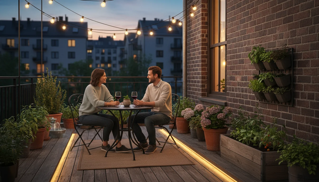 Two friends relaxing on a cozy, string-lit patio garden filled with container plants at dusk, with subtle path lights illuminating the edge.