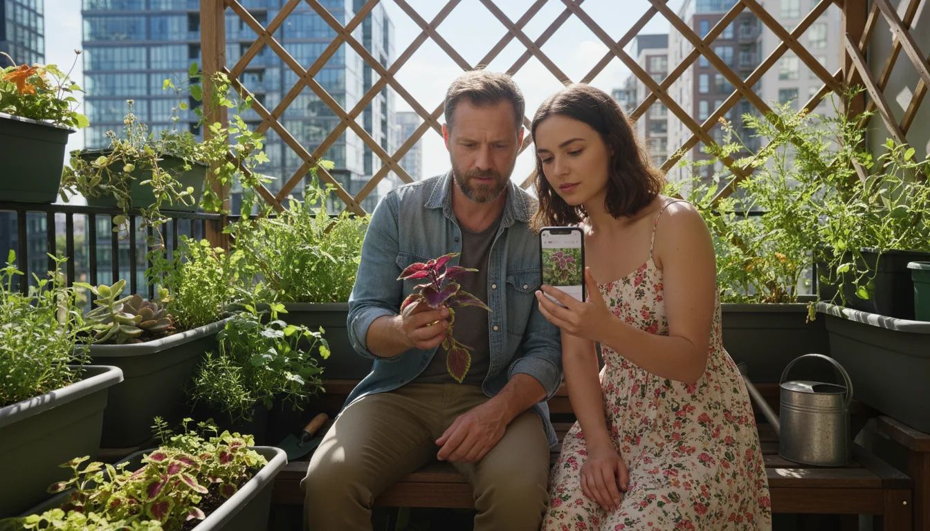 Two gardeners on a balcony, one holding a plant cutting, the other showing a plant ID app on a smartphone.