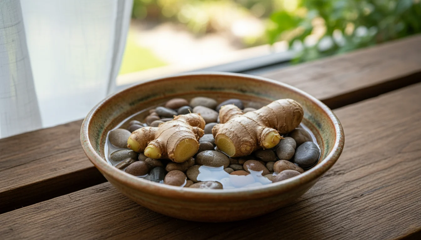 Two ginger rhizome pieces on pebbles in a shallow dish of water, placed on a warm windowsill.