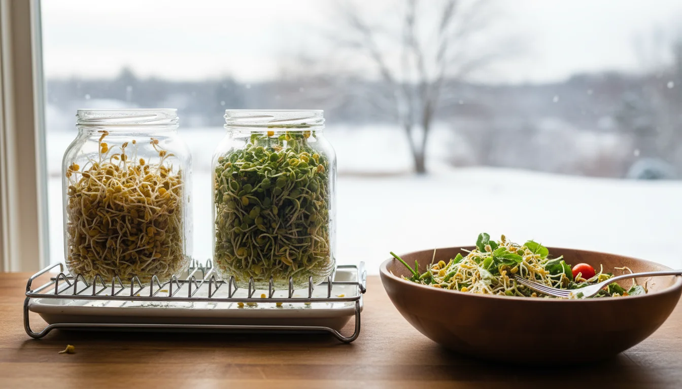 Two glass jars of growing sprouts, one alfalfa, one lentil, draining on a kitchen counter next to a salad bowl with sprouts.