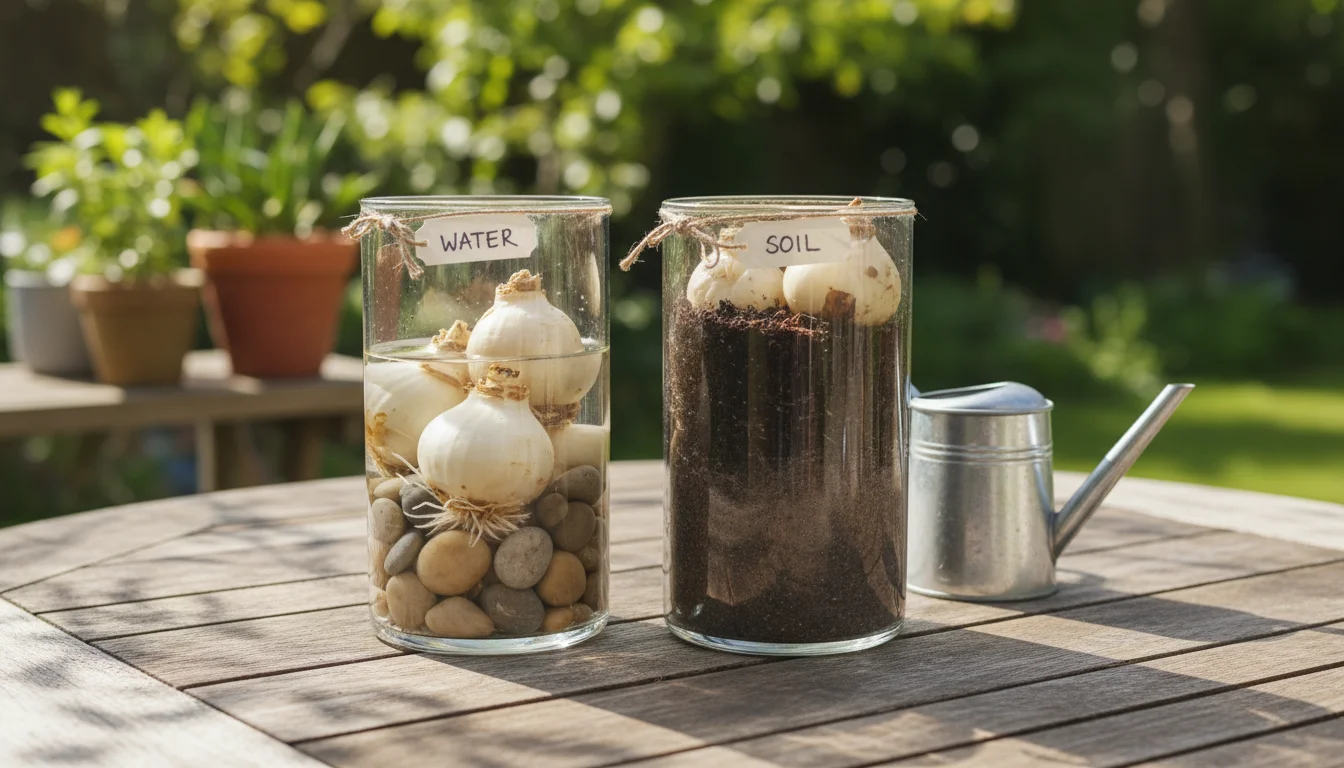 Two clear glass pots on a wooden patio table, one with paperwhite bulbs in stones and water, the other with bulbs in soil.