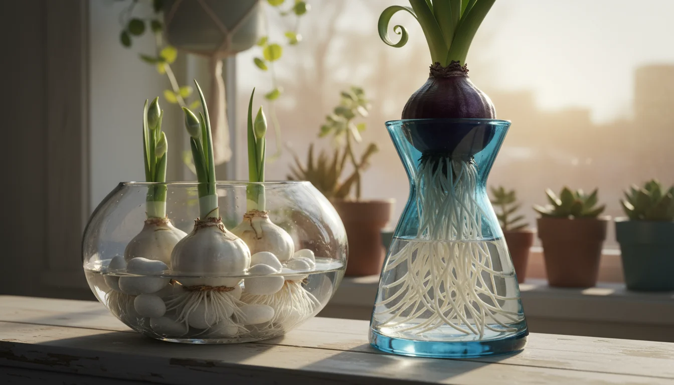 Two glass vases on a windowsill display bulbs. Paperwhites grow in pebbles and water in one, a hyacinth bulb sits in another. A hand waters the hyacin