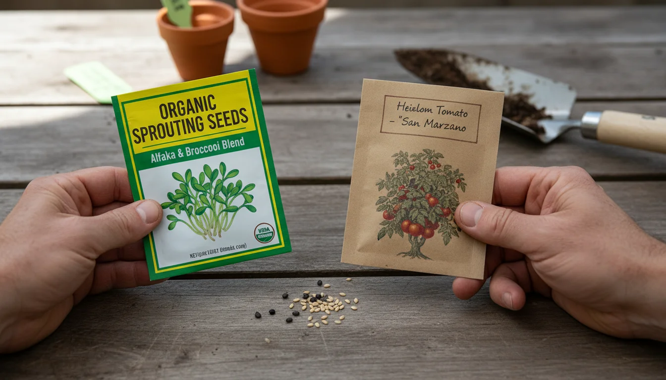 Two hands comparing a bright 'sprouting seeds' packet with a typical 'garden seeds' packet on a wooden table, emphasizing careful selection.