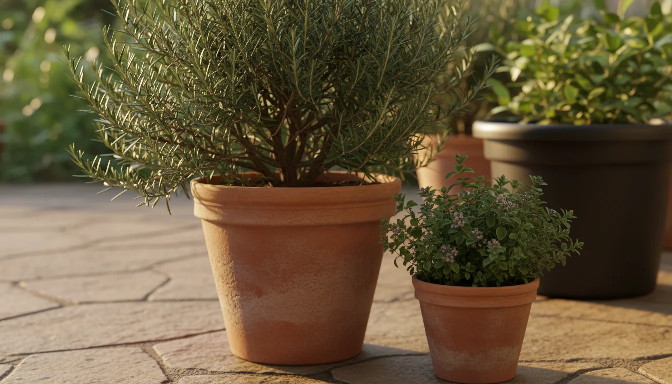 Two healthy Mediterranean herbs, rosemary and oregano, in appropriately sized classic terracotta pots on a sunny patio, with a plastic pot subtly in t