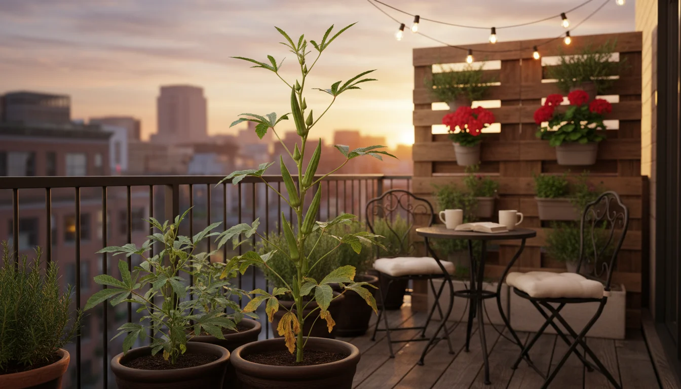 Two healthy okra plants in deep pots on a sun-drenched urban balcony: one mature with pods, one younger just starting to bud.
