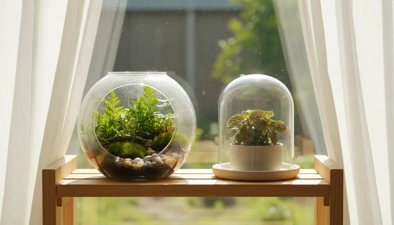 Two humidity solutions for plants on a wooden shelf: a glass terrarium with ferns and moss, and a small Fittonia plant under a glass cloche.