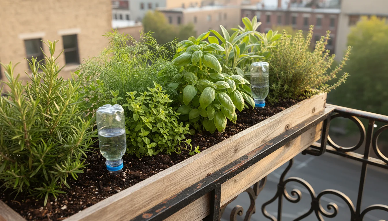 Two inverted plastic bottle drip waterers are strategically placed equidistant in a long balcony herb planter.