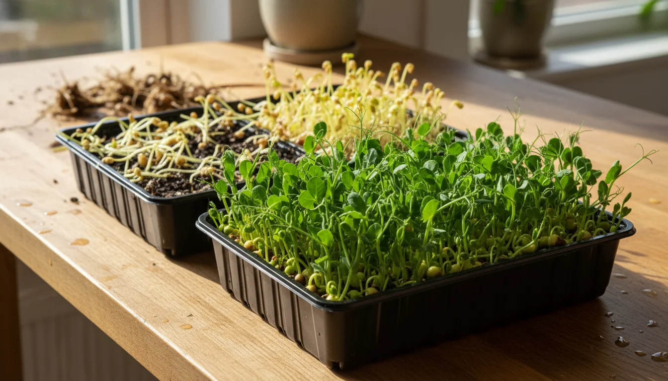 Two microgreen trays on a counter: regrowing pea shoots with new growth contrasted by sparse, depleted radish microgreens next to seeds and soil.