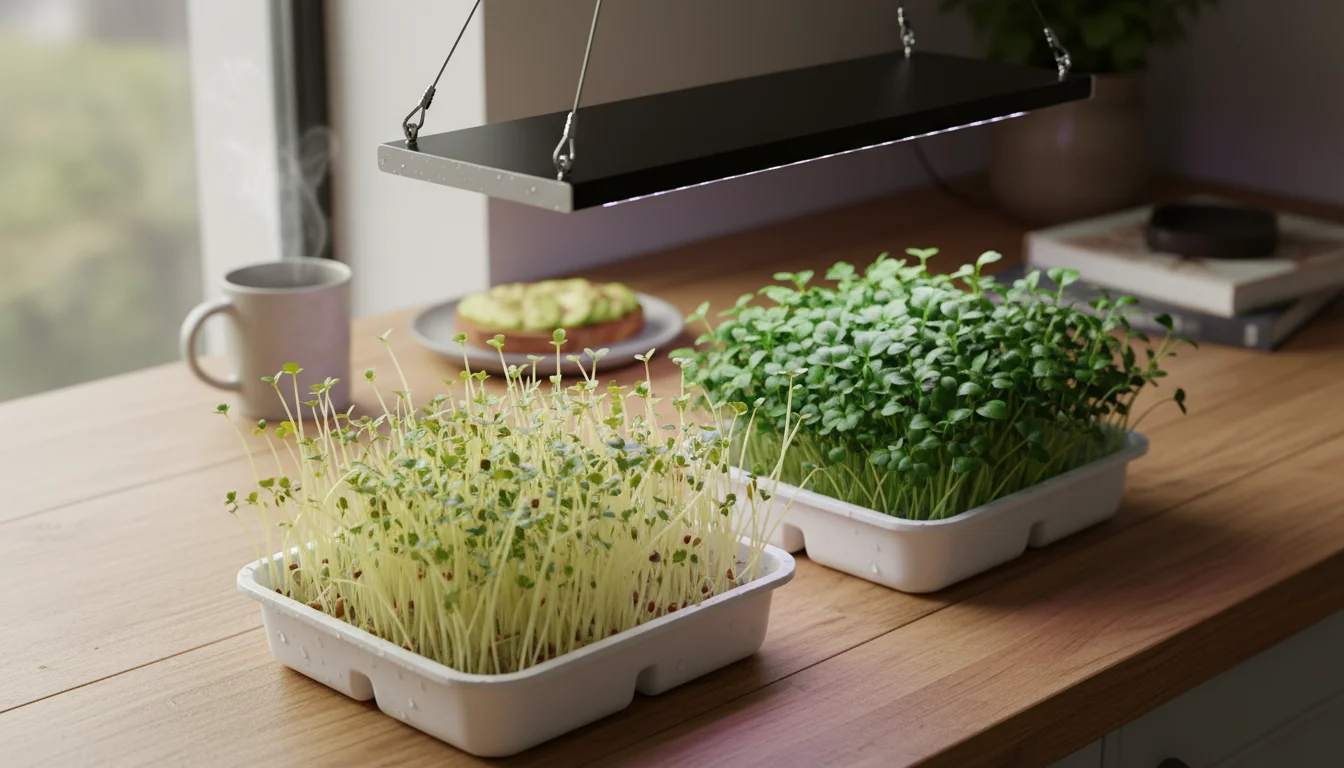 An overhead view of two microgreen trays on a kitchen counter: one leggy and pale, the other healthy under an LED grow light being adjusted by a hand.
