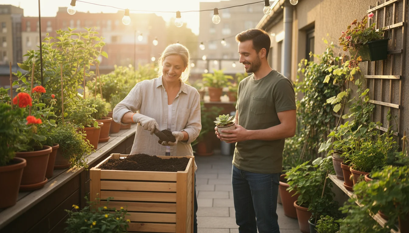 Two neighbors on a compact patio sharing compost from a small bin and a tray of herb seedlings, bathed in warm sunlight.