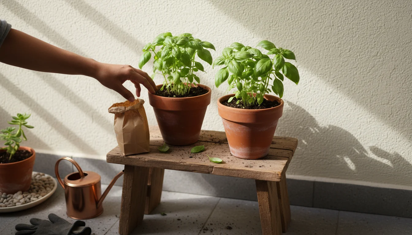 Two newly repotted basil plants in terracotta pots on a wooden stool on a balcony, hardening off in dappled sunlight. A hand adjusts a pot.