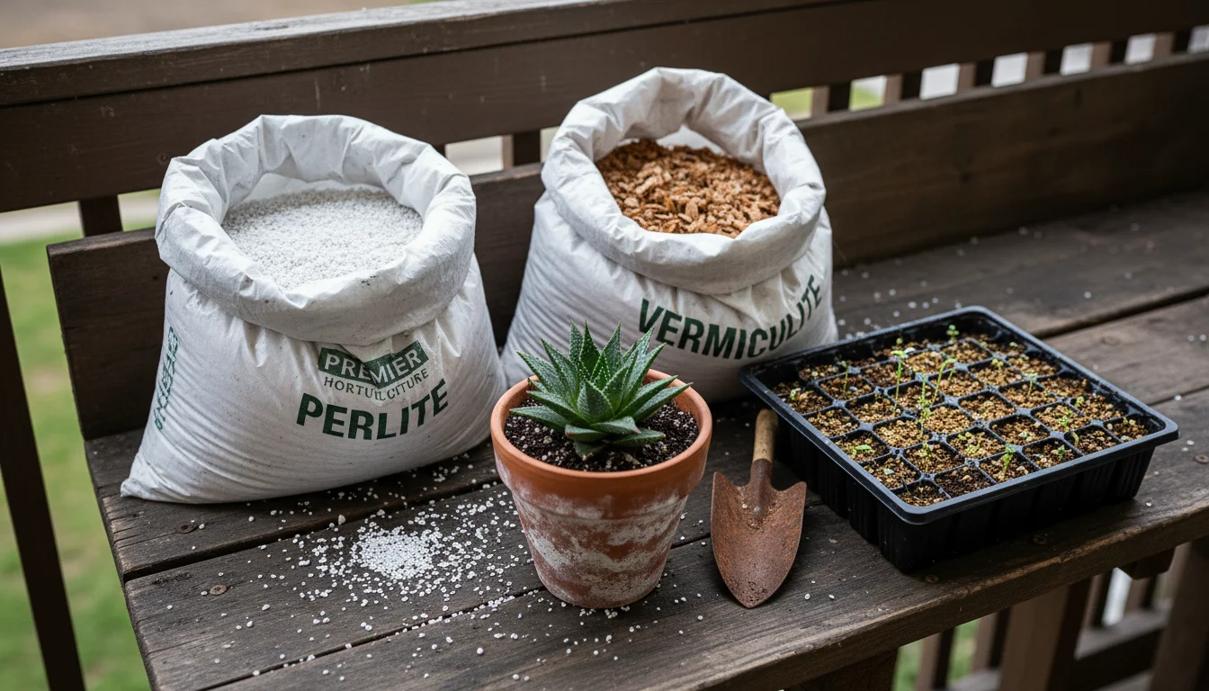 Two open bags of perlite and vermiculite on a wooden balcony table, next to a succulent in perlite-mixed soil and a seed tray with small green sprouts