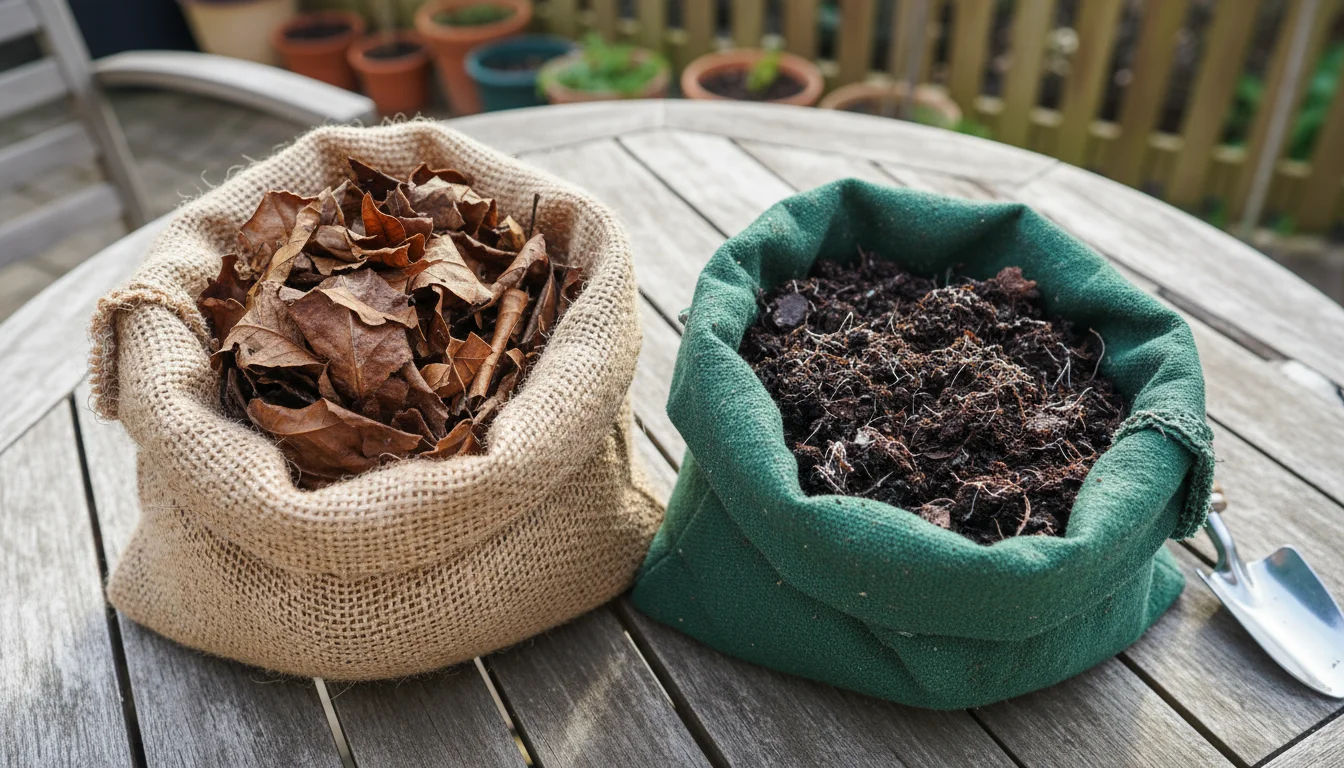 Two open fabric bags of leaf mold on a weathered wooden patio table. One bag shows dry, whole, matted leaves; the other contains moist, dark, crumbly 