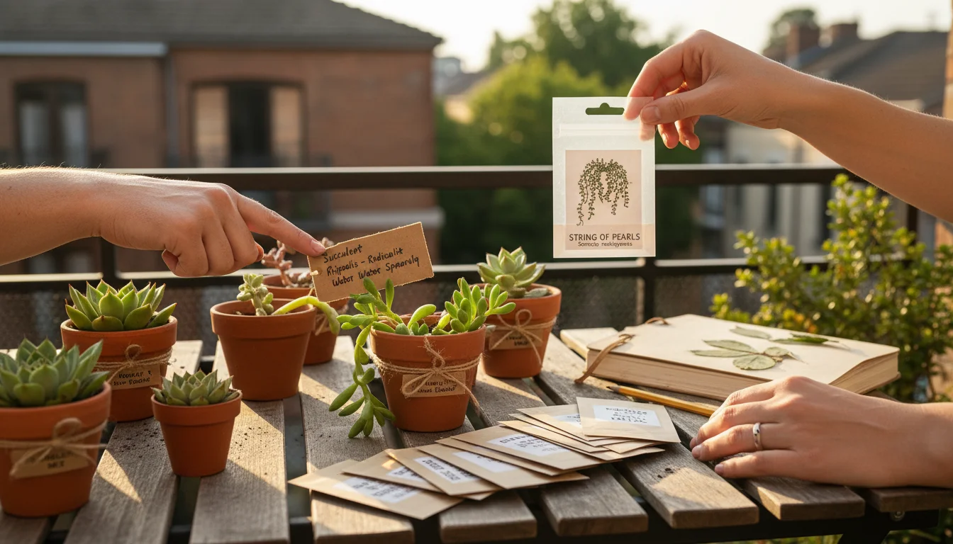 Two pairs of hands on a rustic table, one pointing to a plant label on a succulent cutting, another holding a seed packet.