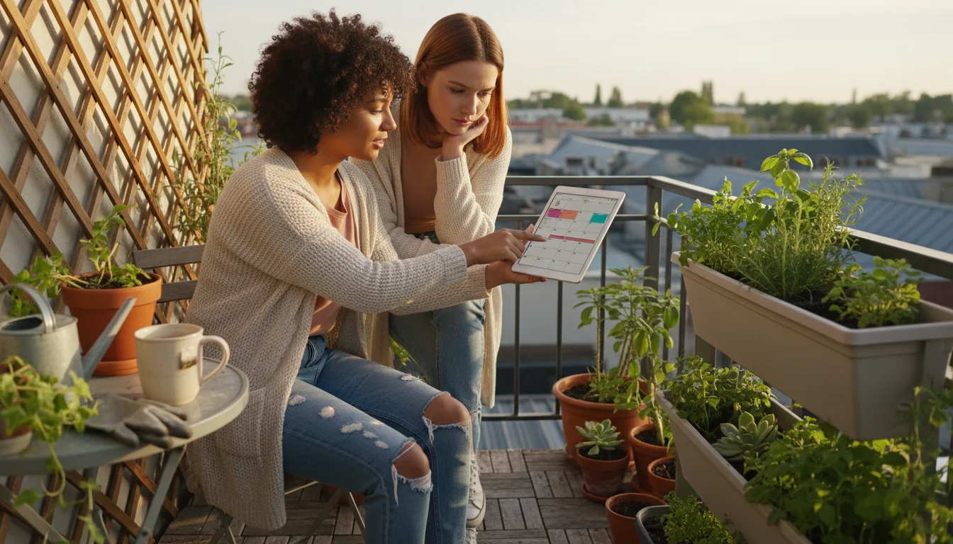 Two people on an apartment balcony viewing a calendar on a tablet, actively planning an event. Small potted plants and a vertical herb garden surround