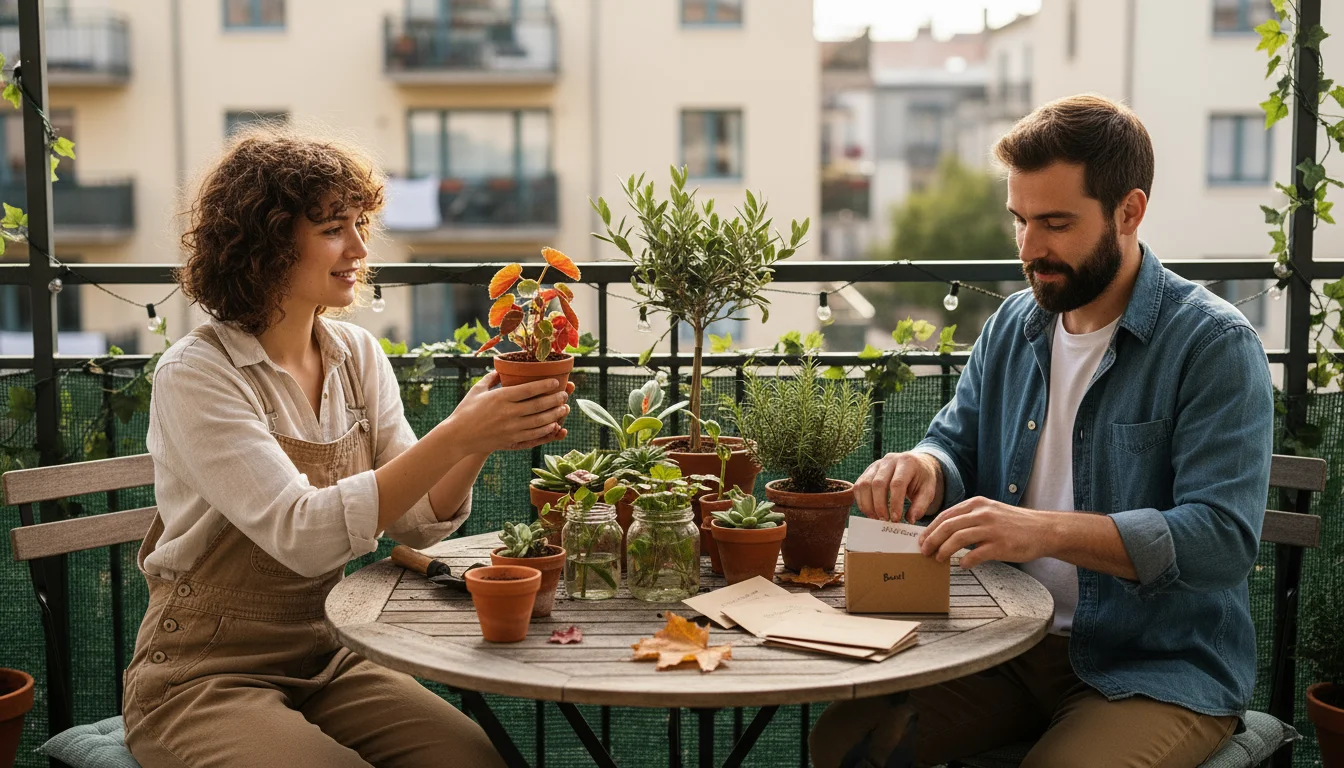 Two people on a balcony exchanging a potted plant cutting and seed packets on a wooden table with small plants and autumn leaves.