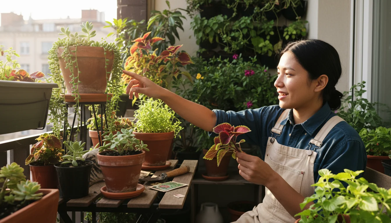 Two people on an urban balcony, one pointing to a succulent while explaining, the other holding a plant cutting and listening.