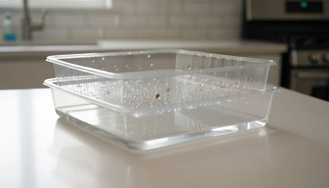 Two clear plastic repurposed take-out containers nested on a kitchen counter, showing drainage holes in the top tray and water in the bottom.