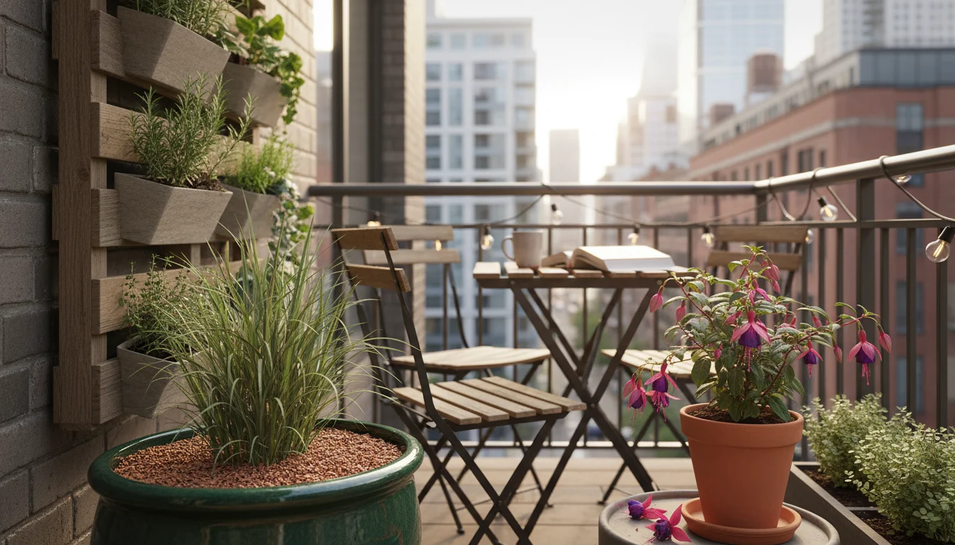 Two pots on a balcony: one dark glazed pot with ornamental grass mulched with neat shredded leaves, another terracotta pot with a succulent mulched wi
