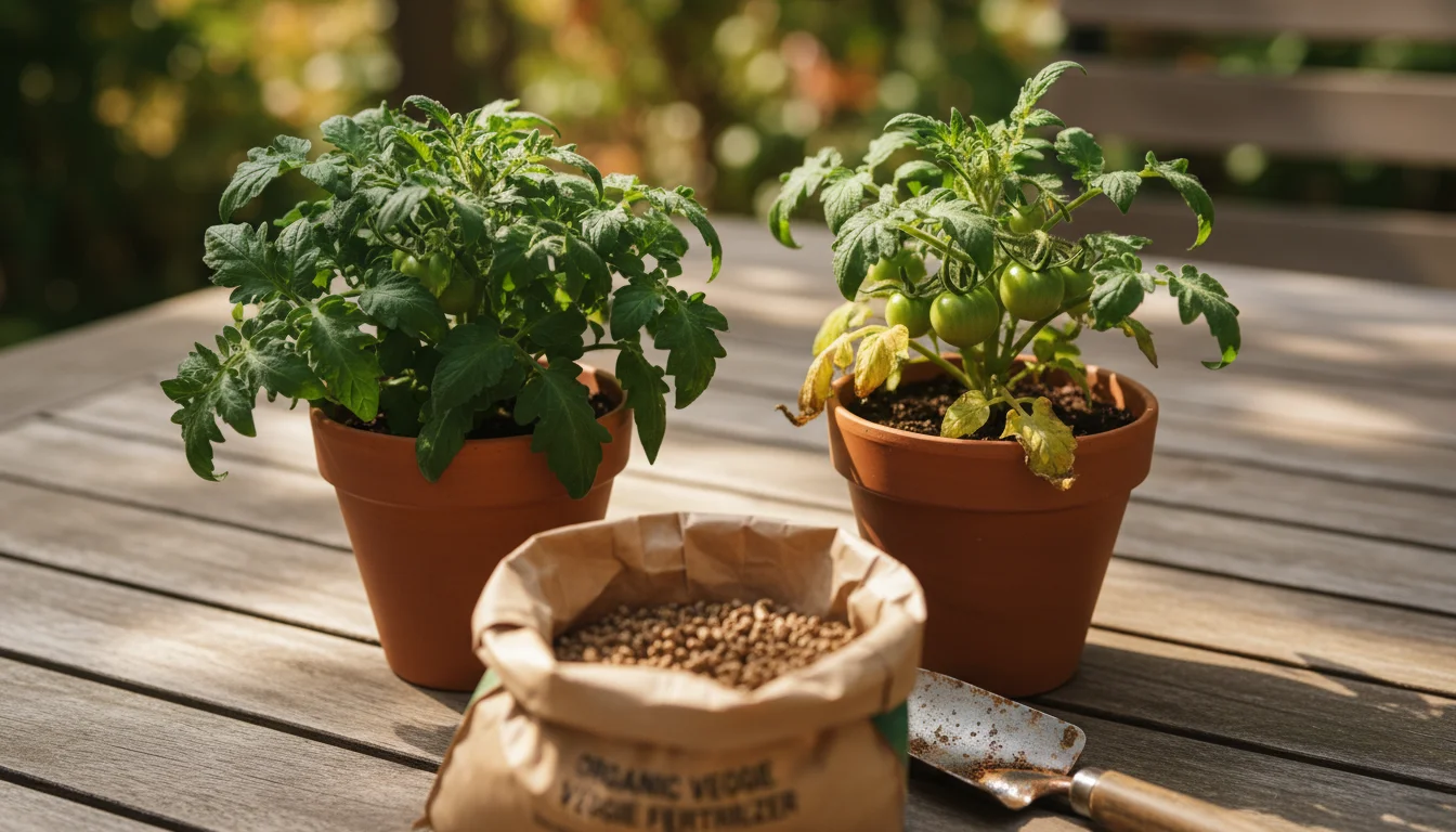 Two potted dwarf tomato plants on a patio table, one healthy green and one with yellowing lower leaves; a fertilizer bag showing N-P-K numbers is near