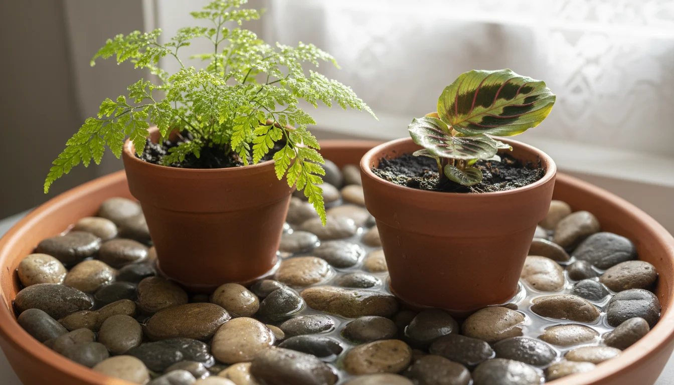Close-up of two potted houseplants, a fern and a prayer plant, sitting on a pebble tray filled with water and river stones.