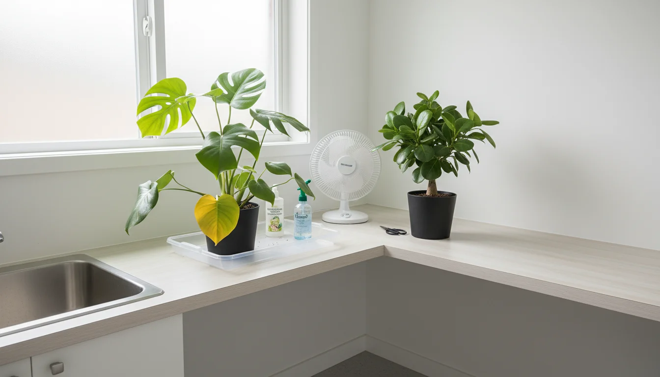 Two potted houseplants, one showing a yellow leaf, on a plastic tray in a sunlit utility room corner with a small fan.