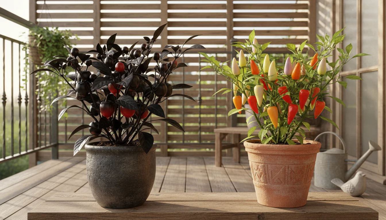 Two potted ornamental pepper plants, 'Black Pearl' and 'Prairie Fire,' displayed side-by-side on a balcony, showing their varied colors and shapes.