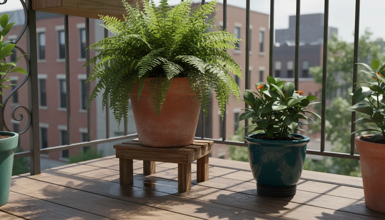 Two potted plants on a balcony: a terracotta pot with a damp ring below, and a teal ceramic pot revealing an inner nursery pot.