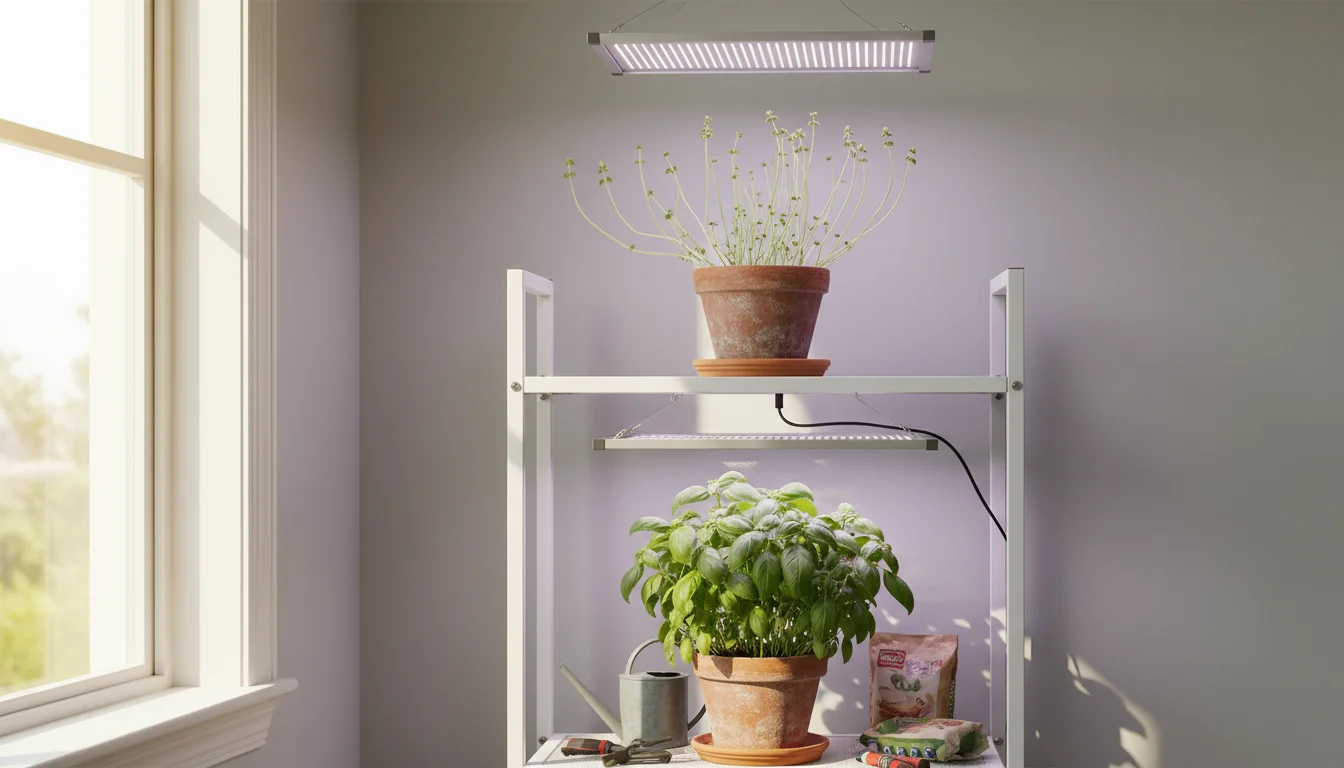 Two potted plants on a metal shelf under grow lights. One basil plant is leggy and pale from too little light, another lettuce plant has bleached, cri